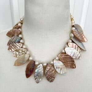 Vintage Handmade Mother of Pearl and Freshwater Pearl T-Clasp Bib Necklace